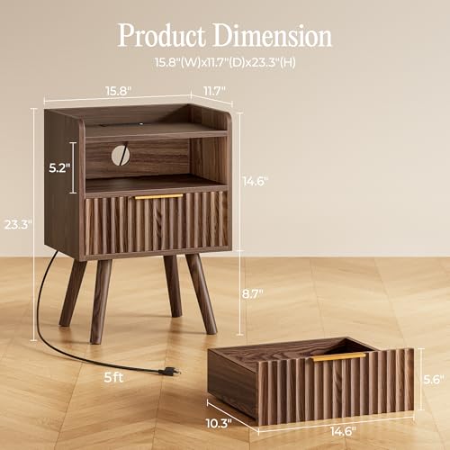 Huuger Nightstand with Charging Station, USB-C Port, Fluted Night Stand Set of 2, Bed Side Table with Drawer, Solid Wood Feet, Open Storage, End Table with Raised Edge, for Bedroom, Walnut Huuger