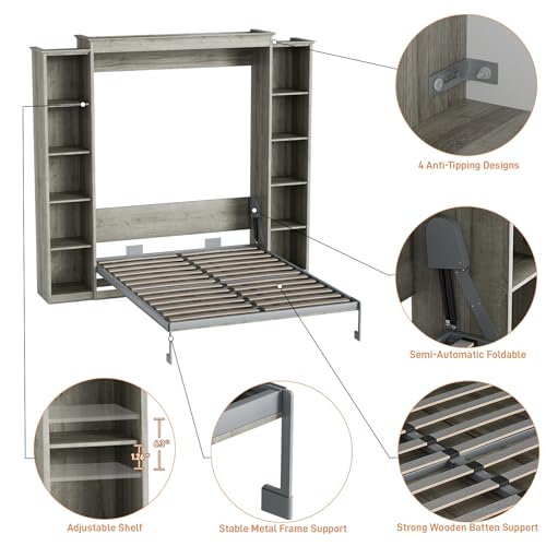 Rophefx Queen Murphy Bed Cabinet with 5-Tier Adjustable Storage Shelves, Queen Wall Bed Cabinet Bed, Wood Space Saving Beds, Foldable Platform Beds, Hidden Bedframe for Guest Room, Bedroom,Grey Rophefx