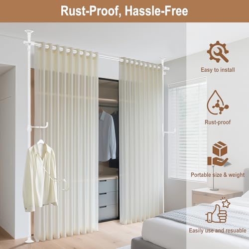 Seamless Room Divider Curtain Rod - No Drilling Space Partition Adjustable Privacy Separator, 4-10ft(H) 28-161inch(W) Adjustable, Heavy Duty Freestanding Tension Curtain Stand, White SIBRAD