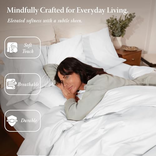 Threadmill White Duvet Cover Queen Size Bedding Set, Breathable Comforter Cover, Soft 3-Pc Cotton Queen Duvet Cover Set with 2 Pillow Shams, Strong Button Closure & Corner Ties, Fits Full Duvet Threadmill