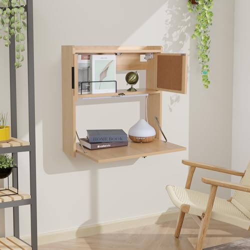 ARTETHYS Wall Mounted Desk with LED Light Multifunctional Fold Down Laptop Computer Table Writing Workstation with Storage Compartments Space Saving for Home Office Wood Color ARTETHYS