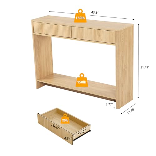 Entryway Table with Storage, Narrow Console Table with Drawers, 43.3' Couch Table Behind Sofa Long and Skinny for Living Room TV, Hallway Entrance Foyer, Mid Century Modern Boho Fluted Console Table affeivul