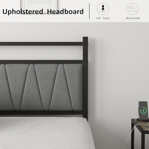 CollaredEagle Twin Bed Frame with LED Lights & Charging Station, Metal Platform Bed Frame with Fabric Upholstered Headboard, No Box Spring Needed, Noise Free, Easy Assembly, Black CollaredEagle