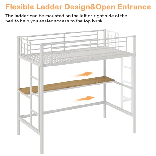 VECELO Loft Bed Twin Size with Desk, Metal Bedframe with Removable Ladder and Safety Guardrail, No Box Spring Needed, Space Saving, Noise Free, Nature&White VECELO