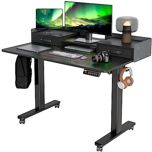 Claiks Standing Desk with Drawers, Stand Up Electric Standing Desk Adjustable Height, Sit Stand Desk with Storage Shelf and Splice Board, 48 Inch, Black Claiks
