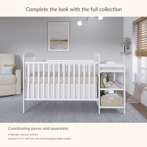 Dream On Me Anna 3-in-1 Convertible Full-Size Baby Crib & Changer with Storage in White, GreenGuard Gold & JPMA, Pinewood, Converts to Day & Toddler Bed, 3 Mattress Heights, 1″ Changing Pad