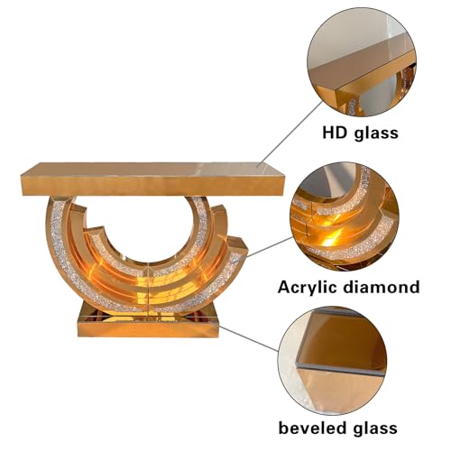 Goujxcy Brown Mirrored Console Table Luxury Entryway Table with Crystal Diamond Base, Sparkling Glass Accent Sofa Table for Entryway/Foryer/Corridor/Living Room (42.9" L x 11.8" W x 31.5''H) Goujxcy