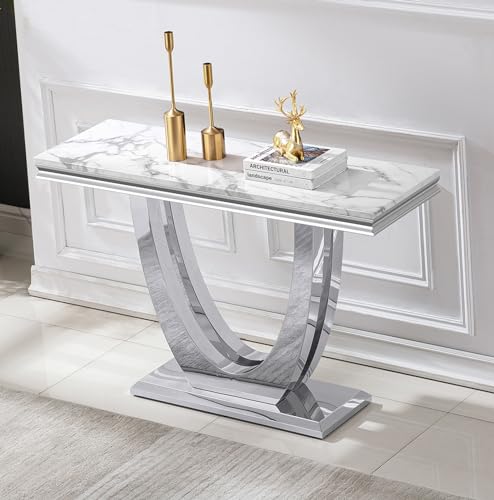 Maotifeys 47" Marble Console Table Modern White Faux Marble Entryway Table with U-Shape Silver Mirrored Stainless Steel Base Luxury Accent Sofa Table for Living Room Hallway Corridor Table Maotifeys