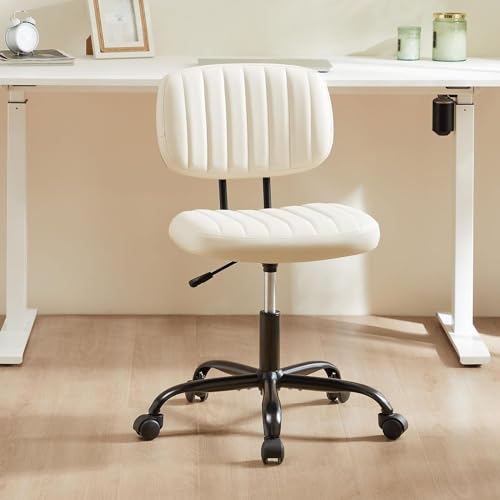 Sweetcrispy Small Office Desk Chair - Armless PU Leather with Comfy Lumbar Support, Height Adjustable Rolling Swivel Task for No Arms, for Adult, Student, Bedroom, Home, Vanity, Beige White Sweetcrispy