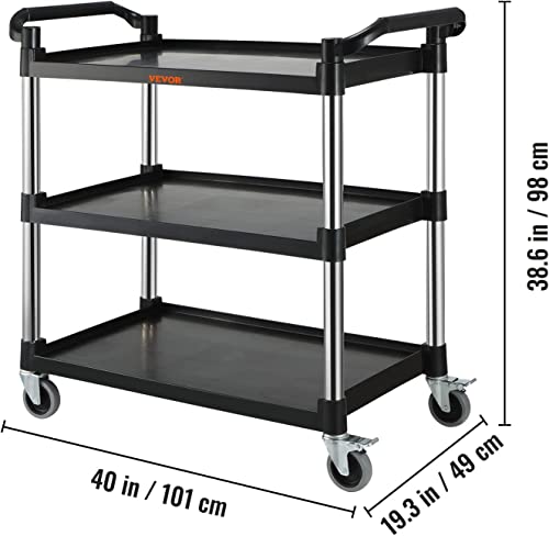 VEVOR Utility Service Cart, 3 Shelf Heavy Duty 220LBS Food Service Cart, Rolling Utility Cart with Lockable Wheels, 40" x 19.3" x 38.6" Plastic VEVOR
