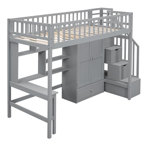 Twin Loft Bed with Storage, Desk, and Wardrobe by Harper & Bright Designs - Grey Solid Wood Frame Harper & Bright Designs
