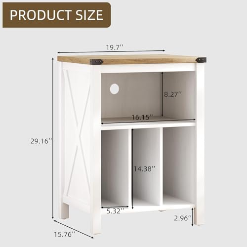 4 EVER WINNER Record Player Stand with Vinyl Storage, Record Stand with 3 Divider Open Shelf Holder Up to 160 Albums Cube Storage, Record Shelf with Outlet Hole for Album CD & Living Room, White 4 EVER WINNER