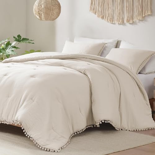 Codi Beige Twin Comforter Set for Girls - Boho Aesthetic Pom Fringe Design Cute Bedding, Soft Washed Microfiber Taupe Bed Sets, Lightweight Chic,1 Comforter & 1 Pillowcase Codi