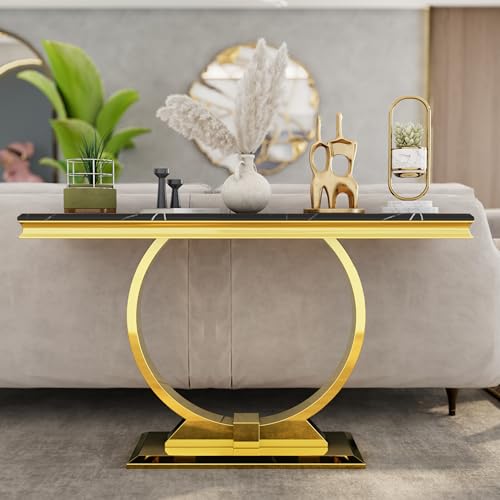 Asday Gold Console Table, 50 inch Glam Black and Gold Entryway Table with U-Shaped Base, Polished Gold Entrance Table with Black Top for Entryway, Hallway, Foyer Asday