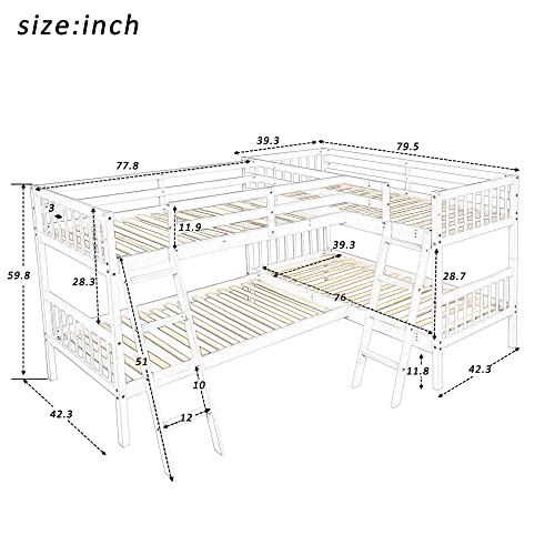 jurmiture L Shaped Quad Bunk Bed, Twin Over Twin Wood Bunk Frame for 4 with Ladder and Guardrails, White jurmiture
