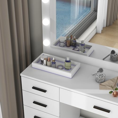 Panana Vanity Desk Set Large Mirror and Lights, Makeup Table with 11 Drawers, Power Outlet, Storage Cushioned Stool, 3 Lighting Modes, Dressing Table for Bedroom Dressing Room (White) Panana