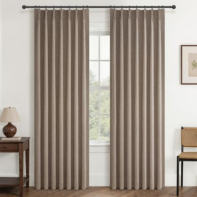 Dark Flax Living Room Curtains 86 Inches Long,Tan Pinch Pleated Linen Window Curtain Total Blackout Burlap Sunblock Thermal Drapes for Winter Cabin/Office/Nursery Room Divider (40"x86" 2panels)