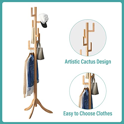 Vriccc Coat Rack Freestanding, Bamboo Cactus Coat Tree, Adjustable Height Wooden Coat Stand with 6 Hooks, kids coat rack, Used In The Bedroom Living Room, Office To Hang Clothes, Hats, Bags Vriccc