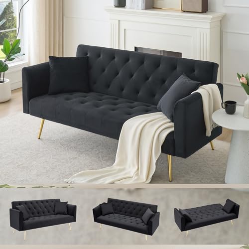 Anwick 72" Modern Velvet Sofa Bed Futon,Convertible Folding Sleeper Bed Couches with 3 Adjustable Backrests,Tufted Recliner Loveseat with Golden Chrome Legs for Small Living Room Office (Black) Anwick