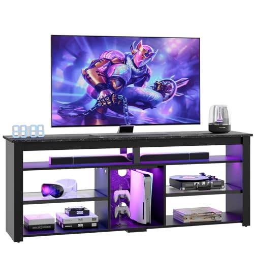 Bestier TV Stand for 65/70 inch TV, Tall Entertainment Center with 2 Led Lights, Gaming TV Console with Storage for PS5, Modern TV Cabinet for Bedroom, Living Room, Black Marble Bestier