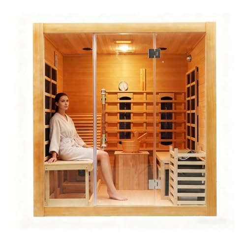 TaTalife Dual System Sauna Room with Recliner, Luxurious Far Infrared & Steam Indoor Saunas, 2-3 Person Red Cedar Home Hybrid Sauna, 220V/ 6KW Harvia Electric Heater, Bluetooth Speaker TaTalife