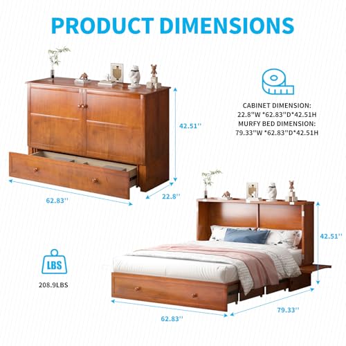 Mjkone Queen Murphy Bed, Cabinet Bed with Tri-fold Mattress/Built-in USB Charging Station/Drawers/Bedside Panel, Space Saving Hidden Adult Guest Beds, Murphy Chest Cabinet Beds for Bedroom - Cherry Mjkone