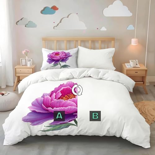 Minimalist Illustrations Duvet Cover Set, Single PeonFlower Printed Bedding with 1 Pillowcases, Twin Microfiber Bed Set for Kids Adults Bedroom Decor, Pinkish-Purple Generic