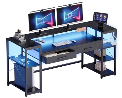 Pamray 58 Inch Computer Desk with Monitor Stand and Shelves Gaming Desk with LED Lights & Power Outlets PC Vanity Table with 2 Drawers for Home Office Black Pamray
