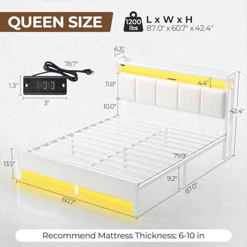 Rolanstar Bed Frame Queen Size with Charging Station and LED Lights, Upholstered Headboard with Storage Shelves, Heavy Duty Metal Slats, No Box Spring Need, Noise Free, Easy Assembly, White Rolanstar
