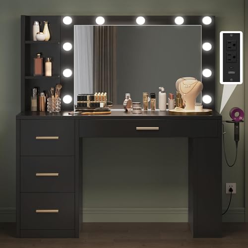 YITAHOME Vanity Desk with Mirror and Lights, Makeup Table with Charging Station, Large Vanity Set with 4 Drawers, Cute Makeup Desk with 6 Storage Shelves, Black YITAHOME