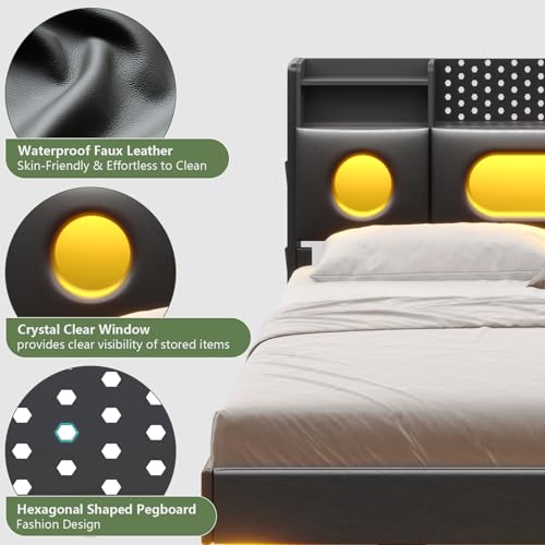 Dnxao Floating Bed Frame Queen with Headboard, Upholstered Platform Queen Bed Frame with Storage, LED Lights and Charging Station, Noise Free, No Box Spring Needed,Quick Setup System,PU Black Dnxao
