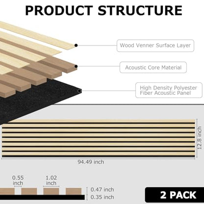 BUBOS Acoustic Wood Wall Panels,2 Pack 94.49” x 12.8” Wood Slat Wall Panels,Soundproof Wall Panels for Living Room,Bedroom,Kitchen & Offices,Natural