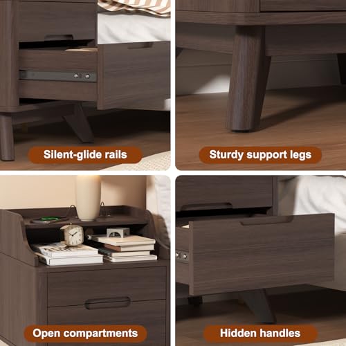 SOLACE FURNITURE Nightstand with Charging Station, 21" Tall Nightstand w/2 Storage Drawers, Wood Night Stand with Hidden Handle, 17'' Wide Modern Bedside Table for Bedroom, Brown SOLACE FURNITURE