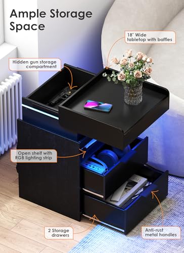 Suuiwau Black LED Nightstand with Charging Station, App - Controlled LED Lights & Sliding Top, Night Stand End Table with Hidden Compartment for Bedroom Suuiwau