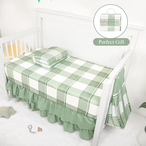 HNHUAMING 4-Piece Crib Bedding Set for Girls Boys, Baby Crib Bedding Set for Newborn & Infant, Neutral Nursery Bed Set Includes Comforter, Fitted Sheet, Crib Skirt, and Diaper Stacker, Green Checkered HNHUAMING
