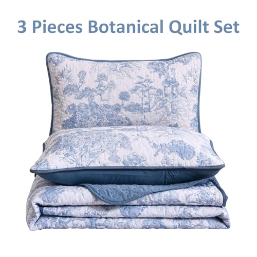 WONGS BEDDING Botanical Quilt Set California King Size, 3 Pieces Blue Toile Floral Plants Printed Bedspread Bedding Set Soft Lightweight Microfiber Coverlet Set for All Season (112"×96") WONGS BEDDING