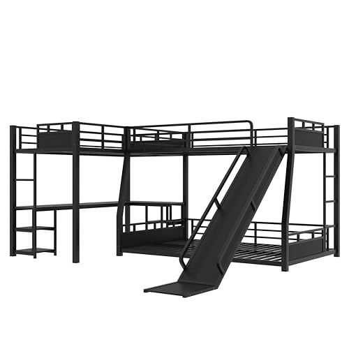 MERITLINE Full Over Full(XL) L-Shaped Metal Bunk Bed with Desk and Slide, Heavy Duty Triple Bunk Bed with Storage Shelves, L-Shaped Bunk Bed for Teens Adults, Space Saving and Quiet Design, Black MERITLINE