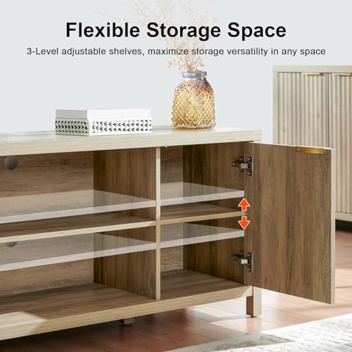 OAKHAM HOME Fluted TV Stands for Living Room, Heavy Duty Entertainment Center with Storage, Mid Century Modern Television Stands for 50/55/60/65 TV, Oxford Media TV Console (Sunwashed Ash Oak) OAKHAM HOME