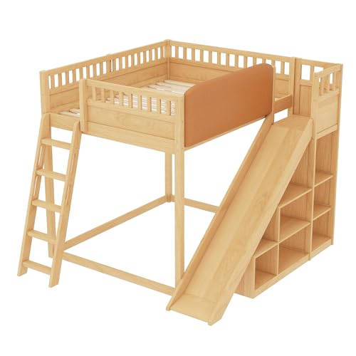 Bellemave Bunk beds Full Over Full with Slide and Stair and upholstered headboard, Low bunk/loft Bed for Kids,Natural Bellemave