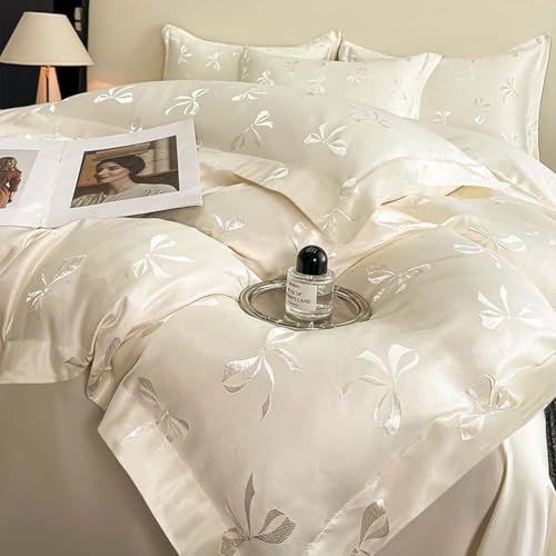Nayoroom Bow Duvet Cover Queen Size Cooling Duvet Cover for Hot Sleepers 3 Pieces Elegant Cream White Satin Jacquard Breathable Bedding Set with Zipper Closure, Girls Dorm Bedding Nayoroom