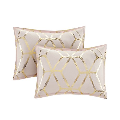 Comfort Spaces Vivian Comforter Set Ultra Soft All Season Lightweight Modern Geometric Glam Metallic Print Bedding, Matching Sham, Decorative Pillow, Full/Queen, Geometric Blush/Gold Comfort Spaces