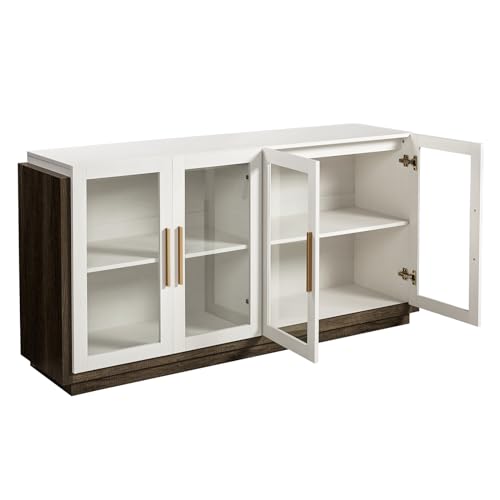 LUXOAK Sideboard Buffet Cabinet with Storage,64" Kitchen Sideboard with LED Light,Modern Wood Glass-Buffet Cabinet for Dinning Room,Kitchen,Hallway,and Living Room,White&Grey LUXOAK