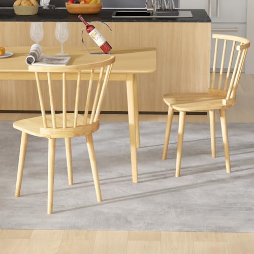GOFLAME Windsor Dining Chairs Set of 4, Solid Wood Kitchen Chairs with Ergonomic Spindle Back, 400 LBS Weight Capacity, Farmhouse Armless Side Chairs for Dining Room, Living Room, Natural GOFLAME