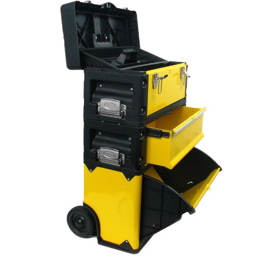 Portable Tool Box on Wheels - Stackable 3-in-1 Chest for Workshops and Craft Rooms - Foldable Comfort Handle and Latches by Stalwart (Black/Yellow) Stalwart