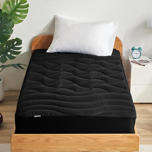 SLEEP ZONE Cooling Twin Mattress Topper for Single Bed, Premium Zoned Cool Mattress Pad Cover, Padded Mattress Protector Breathable Washable, Deep Pocket 8-21" (Black, Twin) SLEEP ZONE