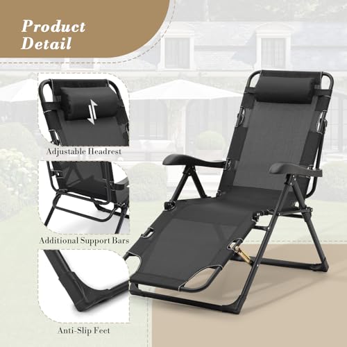 Athena Collection Zero Gravity Outdoor Lounge Chair Recliner, 27" Width Reclining Pool Lounge Lawn Chairs with Headrest and Curved Armrest, Outdoor Chaise for Beach Patio Backyard Outside, Black Athena Collection
