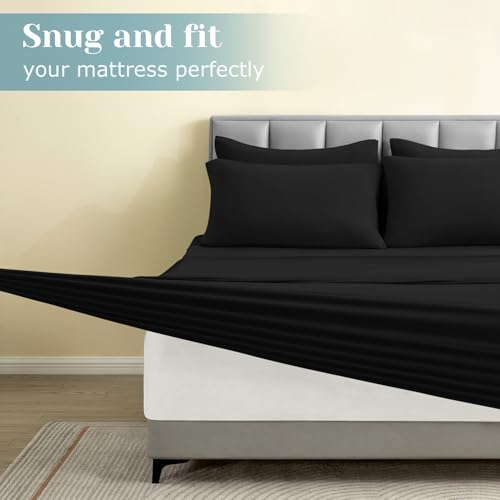 BYSURE Jersey Knit King Size Sheets Set 6 Pieces, Stretch Super Soft and Wrinkle-Free Bed Sheets, Spandex Blend with 18-inch Deep Pocket, Black BYSURE