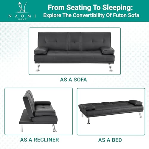 Naomi Home Black Futon Sofa Bed Faux Leather Futon Couch with Armrest and 2 Cupholders Pull Out Sofa Bed Couch with Metal Legs Reclining Small Bed Black Couches for Living Room Naomi Home