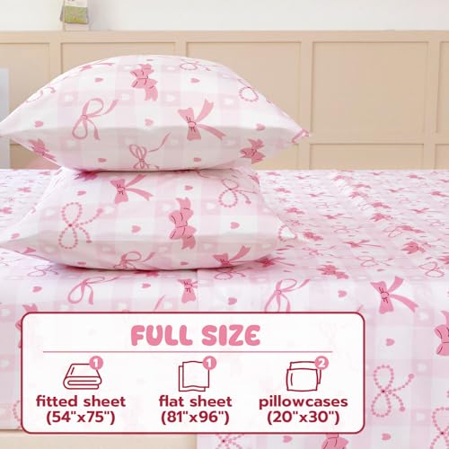 Homilay Full Sheet Set Kids - Pink Check 4 Pieces Soft Microfiber Cartoon Style Bedsheets for Boys Girls Teens, Oeko TEX Breathable 15 Inch Deep Pocket Sheets(Pink Bow) Homilay