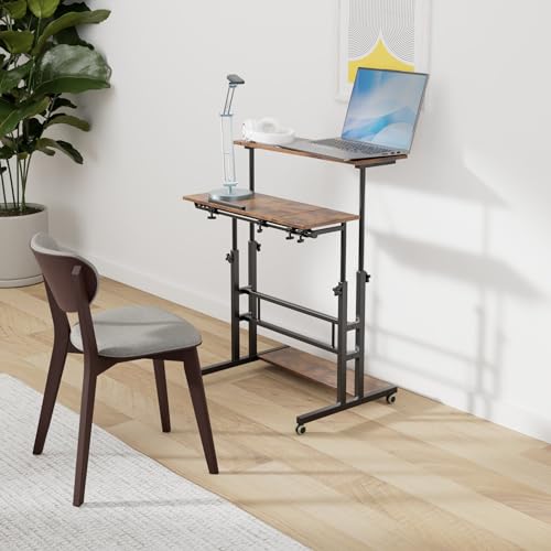 Hadulcet Mobile Standing Desk Adjustable Height, Rolling Desk Stand Up Desk, Mobile Laptop Desk, Rolling Computer Desk with Charging Station, Portable Desk with Wheels, Rustic Brown Hadulcet